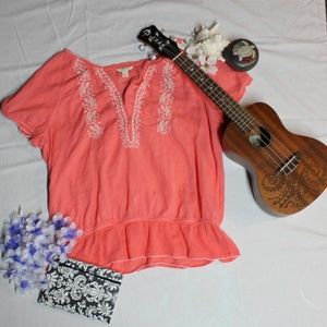 Coral Blouse with White Detail